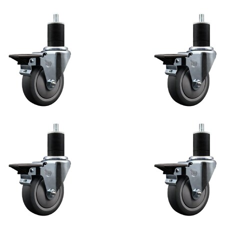 Service Caster 4'' Thermoplastic Rubber Swivel 1-3/4'' Expanding Stem Caster Set with Brake, 4PK SCC-EX20S414-TPRB-PLB-134-4
